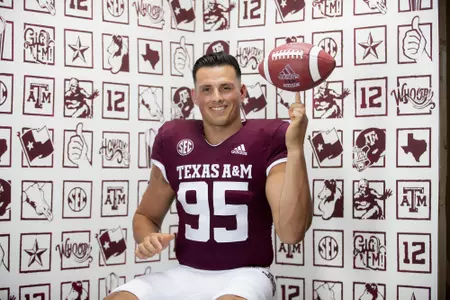 COLLEGE STATION, TX - July 28, 2021 - Punter Nik Constantinou #95 of the Texas A&M Aggies during the Texas A&M Aggies Football Photo Day at the Studio in College Station, TX. Photo ByCraig Bisacre/Texas A&M Athletics