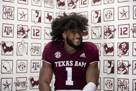 COLLEGE STATION, TX - July 28, 2021 - Linebacker Aaron Hansford #1 of the Texas A&M Aggies during the Texas A&M Aggies Football Photo Day at the Studio in College Station, TX. Photo ByCraig Bisacre/Texas A&M Athletics
