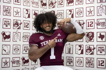 COLLEGE STATION, TX - July 28, 2021 - Linebacker Aaron Hansford #1 of the Texas A&M Aggies during the Texas A&M Aggies Football Photo Day at the Studio in College Station, TX. Photo ByCraig Bisacre/Texas A&M Athletics