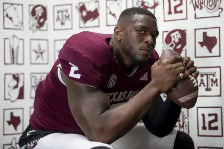 COLLEGE STATION, TX - July 28, 2021 - Defensive lineman Micheal Clemons #2 of the Texas A&M Aggies during the Texas A&M Aggies Football Photo Day at the Studio in College Station, TX. Photo ByCraig Bisacre/Texas A&M Athletics