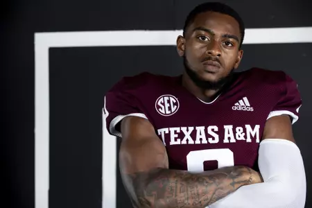 COLLEGE STATION, TX - July 29, 2021 - Wide receiver Hezekiah Jones #9 of the Texas A&M Aggies during Texas A&M Aggies Football Photo Day in The Studio at Kyle Field in College Station, TX. Photo By Texas A&M Athletics/Texas A&M Athletics