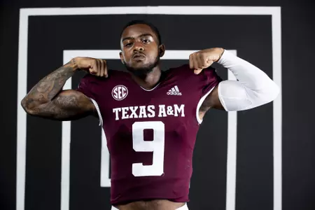COLLEGE STATION, TX - July 29, 2021 - Wide receiver Hezekiah Jones #9 of the Texas A&M Aggies during Texas A&M Aggies Football Photo Day in The Studio at Kyle Field in College Station, TX. Photo By Texas A&M Athletics/Texas A&M Athletics