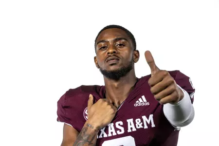 COLLEGE STATION, TX - July 29, 2021 - Wide receiver Hezekiah Jones #9 of the Texas A&M Aggies during Texas A&M Aggies Football Photo Day in The Studio at Kyle Field in College Station, TX. Photo By Texas A&M Athletics/Texas A&M Athletics