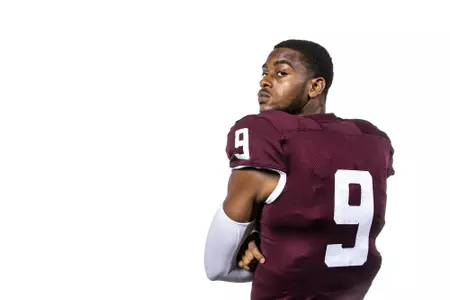 COLLEGE STATION, TX - July 29, 2021 - Wide receiver Hezekiah Jones #9 of the Texas A&M Aggies during Texas A&M Aggies Football Photo Day in The Studio at Kyle Field in College Station, TX. Photo By Texas A&M Athletics/Texas A&M Athletics