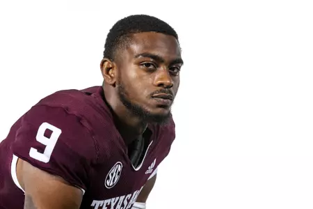 COLLEGE STATION, TX - July 29, 2021 - Wide receiver Hezekiah Jones #9 of the Texas A&M Aggies during Texas A&M Aggies Football Photo Day in The Studio at Kyle Field in College Station, TX. Photo By Texas A&M Athletics/Texas A&M Athletics