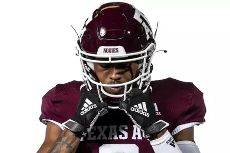 COLLEGE STATION, TX - July 29, 2021 - Wide receiver Hezekiah Jones #9 of the Texas A&M Aggies during Texas A&M Aggies Football Photo Day in The Studio at Kyle Field in College Station, TX. Photo By Texas A&M Athletics/Texas A&M Athletics