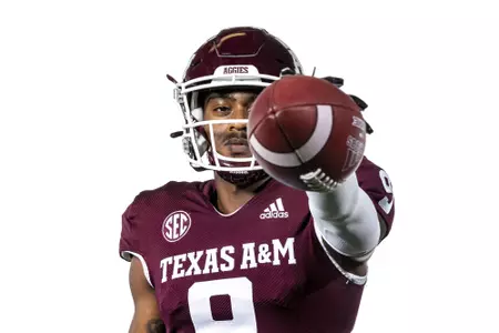 COLLEGE STATION, TX - July 29, 2021 - Wide receiver Hezekiah Jones #9 of the Texas A&M Aggies during Texas A&M Aggies Football Photo Day in The Studio at Kyle Field in College Station, TX. Photo By Texas A&M Athletics/Texas A&M Athletics