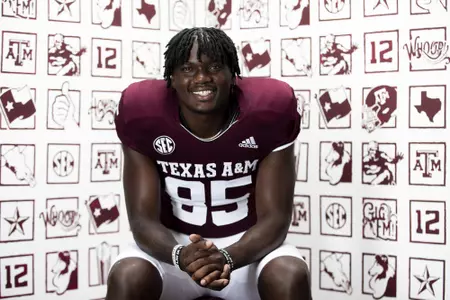 COLLEGE STATION, TX - July 29, 2021 - Tight end Jalen Wydermyer #85 of the Texas A&M Aggies during Texas A&M Aggies Football Photo Day in The Studio at Kyle Field in College Station, TX. Photo By Texas A&M Athletics/Texas A&M Athletics