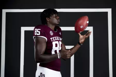 COLLEGE STATION, TX - July 29, 2021 - Tight end Jalen Wydermyer #85 of the Texas A&M Aggies during Texas A&M Aggies Football Photo Day in The Studio at Kyle Field in College Station, TX. Photo By Texas A&M Athletics/Texas A&M Athletics