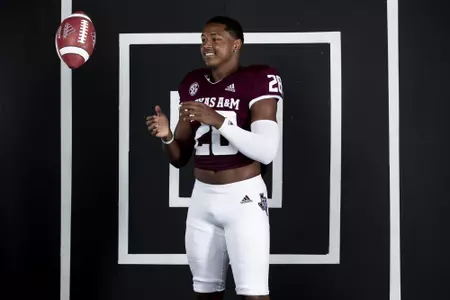 COLLEGE STATION, TX - July 29, 2021 - Running back Isaiah Spiller #28 of the Texas A&M Aggies during Texas A&M Aggies Football Photo Day in The Studio at Kyle Field in College Station, TX. Photo By Texas A&M Athletics/Texas A&M Athletics