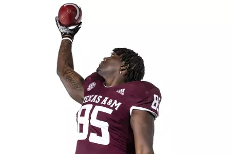COLLEGE STATION, TX - July 29, 2021 - Tight end Jalen Wydermyer #85 of the Texas A&M Aggies during Texas A&M Aggies Football Photo Day in The Studio at Kyle Field in College Station, TX. Photo By Texas A&M Athletics/Texas A&M Athletics