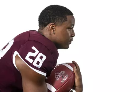 COLLEGE STATION, TX - July 29, 2021 - Running back Isaiah Spiller #28 of the Texas A&M Aggies during Texas A&M Aggies Football Photo Day in The Studio at Kyle Field in College Station, TX. Photo By Texas A&M Athletics/Texas A&M Athletics