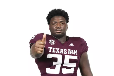 COLLEGE STATION, TX - August 08, 2021 - Defensive lineman McKinnley Jackson #35 of the Texas A&M Aggies during Texas A&M Aggies Football photo day in College Station, TX. Photo By Craig Bisacre/Texas A&M Athletics/Texas A&M Athletics