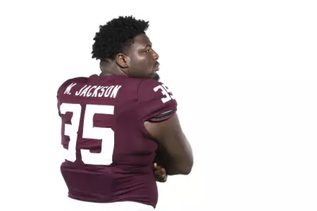 COLLEGE STATION, TX - August 08, 2021 - Defensive lineman McKinnley Jackson #35 of the Texas A&M Aggies during Texas A&M Aggies Football photo day in College Station, TX. Photo By Craig Bisacre/Texas A&M Athletics/Texas A&M Athletics
