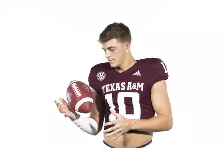 COLLEGE STATION, TX - August 08, 2021 - Quarterback Zach Calzada #10 of the Texas A&M Aggies during Texas A&M Aggies Football photo day in College Station, TX. Photo By Craig Bisacre/Texas A&M Athletics/Texas A&M Athletics
