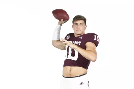 COLLEGE STATION, TX - August 08, 2021 - Quarterback Zach Calzada #10 of the Texas A&M Aggies during Texas A&M Aggies Football photo day in College Station, TX. Photo By Craig Bisacre/Texas A&M Athletics/Texas A&M Athletics