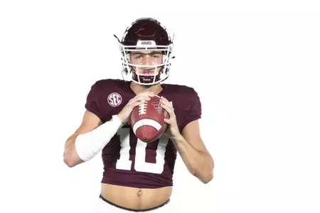 COLLEGE STATION, TX - August 08, 2021 - Quarterback Zach Calzada #10 of the Texas A&M Aggies during Texas A&M Aggies Football photo day in College Station, TX. Photo By Craig Bisacre/Texas A&M Athletics/Texas A&M Athletics
