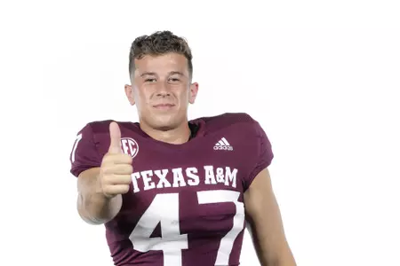 COLLEGE STATION, TX - August 08, 2021 - Place kicker Seth Small #47 of the Texas A&M Aggies during Texas A&M Aggies Football photo day in College Station, TX. Photo By Craig Bisacre/Texas A&M Athletics/Texas A&M Athletics