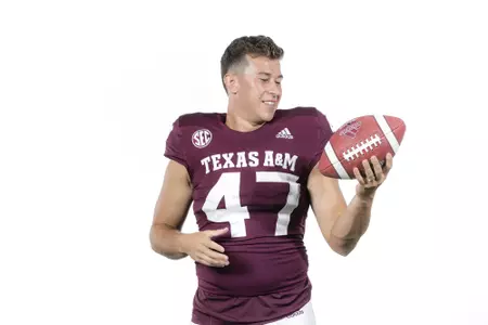 COLLEGE STATION, TX - August 08, 2021 - Place kicker Seth Small #47 of the Texas A&M Aggies during Texas A&M Aggies Football photo day in College Station, TX. Photo By Craig Bisacre/Texas A&M Athletics/Texas A&M Athletics