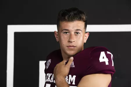 COLLEGE STATION, TX - August 08, 2021 - Place kicker Seth Small #47 of the Texas A&M Aggies during Texas A&M Aggies Football photo day in College Station, TX. Photo By Craig Bisacre/Texas A&M Athletics/Texas A&M Athletics