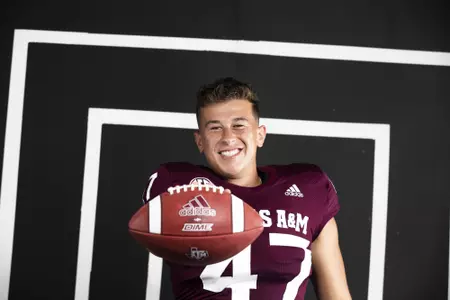 COLLEGE STATION, TX - August 08, 2021 - Place kicker Seth Small #47 of the Texas A&M Aggies during Texas A&M Aggies Football photo day in College Station, TX. Photo By Craig Bisacre/Texas A&M Athletics/Texas A&M Athletics