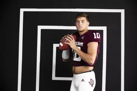 COLLEGE STATION, TX - August 08, 2021 - Quarterback Zach Calzada #10 of the Texas A&M Aggies during Texas A&M Aggies Football photo day in College Station, TX. Photo By Craig Bisacre/Texas A&M Athletics/Texas A&M Athletics