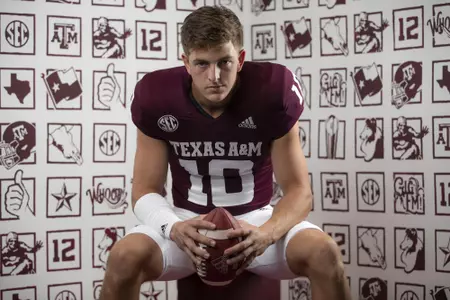 COLLEGE STATION, TX - August 08, 2021 - Quarterback Zach Calzada #10 of the Texas A&M Aggies during Texas A&M Aggies Football photo day in College Station, TX. Photo By Craig Bisacre/Texas A&M Athletics/Texas A&M Athletics