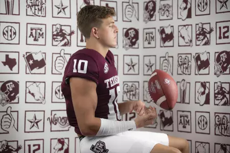 COLLEGE STATION, TX - August 08, 2021 - Quarterback Zach Calzada #10 of the Texas A&M Aggies during Texas A&M Aggies Football photo day in College Station, TX. Photo By Craig Bisacre/Texas A&M Athletics/Texas A&M Athletics