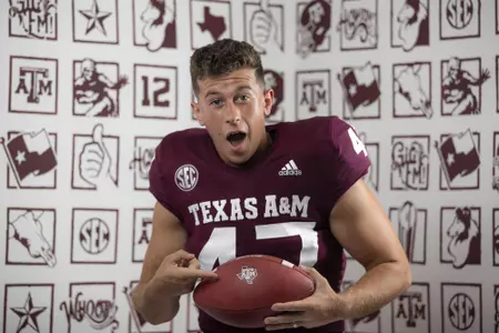 COLLEGE STATION, TX - August 08, 2021 - Place kicker Seth Small #47 of the Texas A&M Aggies during Texas A&M Aggies Football photo day in College Station, TX. Photo By Craig Bisacre/Texas A&M Athletics/Texas A&M Athletics