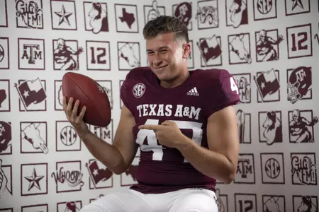 COLLEGE STATION, TX - August 08, 2021 - Place kicker Seth Small #47 of the Texas A&M Aggies during Texas A&M Aggies Football photo day in College Station, TX. Photo By Craig Bisacre/Texas A&M Athletics/Texas A&M Athletics