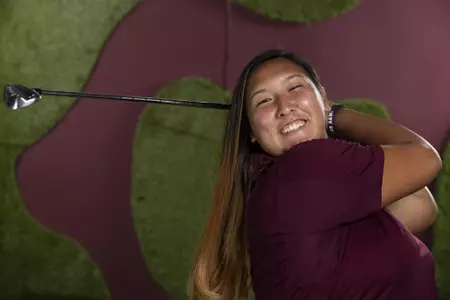 COLLEGE STATION, TX - August 26, 2021 - Lana Calibuso of the Texas A&M Aggies during Texas A&M Aggies Golf Photo Day at The Studio in Kyle Field in College Station, TX. Photo By Brendall O'Banon/Texas A&M Athletics
