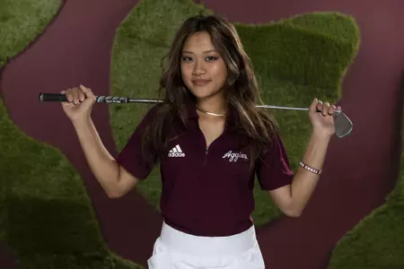 COLLEGE STATION, TX - August 26, 2021 - Lauren Nguyen of the Texas A&M Aggies during Texas A&M Aggies Golf Photo Day at The Studio in Kyle Field in College Station, TX. Photo By Brendall O'Banon/Texas A&M Athletics