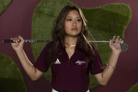 COLLEGE STATION, TX - August 26, 2021 - Lauren Nguyen of the Texas A&M Aggies during Texas A&M Aggies Golf Photo Day at The Studio in Kyle Field in College Station, TX. Photo By Brendall O'Banon/Texas A&M Athletics