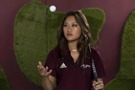COLLEGE STATION, TX - August 26, 2021 - Lauren Nguyen of the Texas A&M Aggies during Texas A&M Aggies Golf Photo Day at The Studio in Kyle Field in College Station, TX. Photo By Brendall O'Banon/Texas A&M Athletics