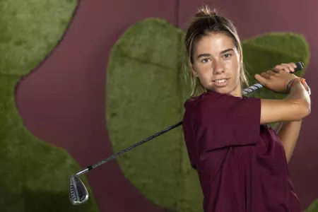 COLLEGE STATION, TX - August 26, 2021 - Blanca Fernandez Garcia-Poggio of the Texas A&M Aggies during Texas A&M Aggies Golf Photo Day at The Studio in Kyle Field in College Station, TX. Photo By Brendall O'Banon/Texas A&M Athletics