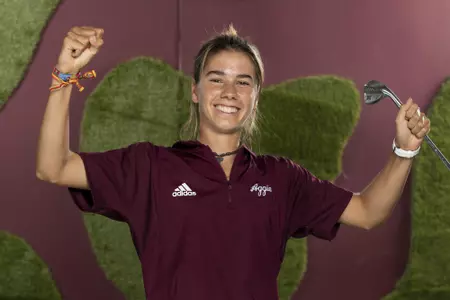 COLLEGE STATION, TX - August 26, 2021 - Blanca Fernandez Garcia-Poggio of the Texas A&M Aggies during Texas A&M Aggies Golf Photo Day at The Studio in Kyle Field in College Station, TX. Photo By Brendall O'Banon/Texas A&M Athletics