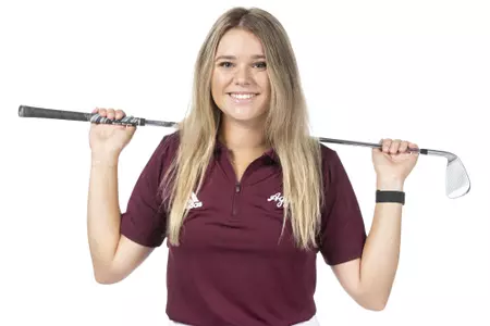 COLLEGE STATION, TX - August 26, 2021 - Ava Schwienteck of the Texas A&M Aggies during Texas A&M Golf Photo Day at The Studio in Kyle Field in College Station, TX. Photo By Brendall O'Banon/Texas A&M Athletics