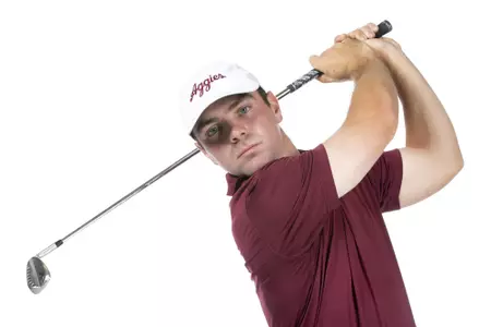 COLLEGE STATION, TX - August 26, 2021 - Matthew Denton of the Texas A&M Aggies during Texas A&M Golf Photo Day at The Studio in Kyle Field in College Station, TX. Photo By Brendall O'Banon/Texas A&M Athletics