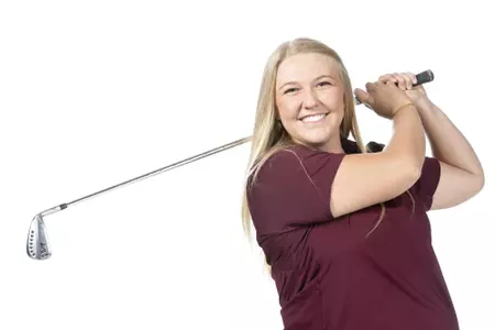 COLLEGE STATION, TX - August 26, 2021 - Hailee Cooper of the Texas A&M Aggies during Texas A&M Golf Photo Day at The Studio in Kyle Field in College Station, TX. Photo By Brendall O'Banon/Texas A&M Athletics
