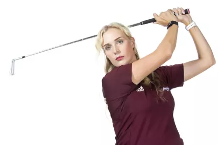 COLLEGE STATION, TX - August 26, 2021 - Ellie Szeryk of the Texas A&M Aggies during Texas A&M Golf Photo Day at The Studio in Kyle Field in College Station, TX. Photo By Brendall O'Banon/Texas A&M Athletics