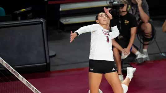 COLLEGE STATION, TX - September 24, 2022 - Opposite hitter Logan Lednicky #9 of the Texas A&M Aggies during the game between the Tennessee Volunteers and the Texas A&M Aggies at Reed Arena in College Station, TX. Photo By Ethan Mito/Texas A&M Athletics