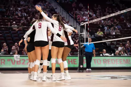 COLLEGE STATION, TX - October 08, 2022 - Texas A&M Aggies Volleyball Team during the game between the Mississippi St. Bulldogs and the Texas A&M Aggies at Reed Arena in College Station, TX. Photo By Hayden Carroll/Texas A&M Athletics