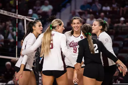 COLLEGE STATION, TX - October 08, 2022 - Texas A&M Aggies Volleyball Team during the game between the Mississippi St. Bulldogs and the Texas A&M Aggies at Reed Arena in College Station, TX. Photo By Hayden Carroll/Texas A&M Athletics