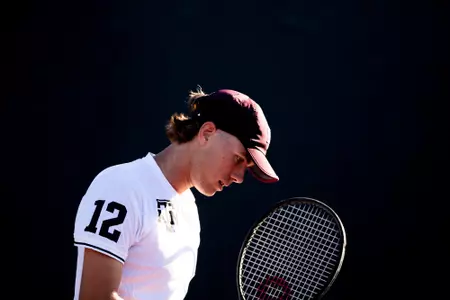 COLLEGE STATION, TX - January 29, 2022 - Pierce Rollins during the game between the UCLA Bruins and the Texas A&M Aggies at Mitchell Tennis Center in College Station, TX. Photo By Sydney Morriss/Texas A&M Athletics
