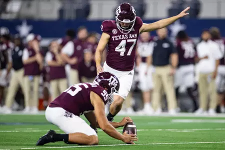 ARLINGTON, TX - September 24, 2022 - Place kicker Randy Bond #47 of the Texas A&M Aggies during the Football game between the Arkansas Razorbacks and the Texas A&M Aggies at AT&T Stadium in Arlington, TX. Photo By Aiden Shertzer/Texas A&M Athletics