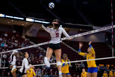COLLEGE STATION, TX - August 28, 2022 - Opposite hitter Logan Lednicky #9 of the Texas A&M Aggies during the game between the Pittsburgh Fighting Irish and the Texas A&M Aggies at Reed Arena in College Station, TX. Photo By Hayden Carroll/Texas A&M Athletics