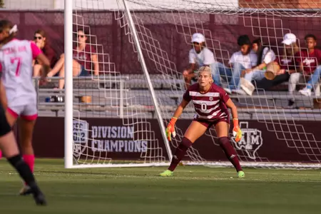 COLLEGE STATION, TX - October 23, 2022 - Goalkeeper Kenna Caldwell #0 of the Texas A&M Aggies during the game between the Missouri Tigers and the Texas A&M Aggies at Ellis Field in College Station, TX. Photo By Evan Pilat/Texas A&M Athletics