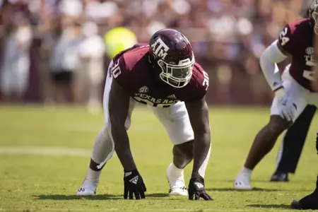 COLLEGE STATION, TX - September 10, 2022 - Defensive lineman Tunmise Adeleye #30 of the Texas A&M Aggies during the game between the Appalachian State Mountaineers and the Texas A&M Aggies at Kyle Field in College Station, TX. Photo By Evan Pilat/Texas A&M Athletics