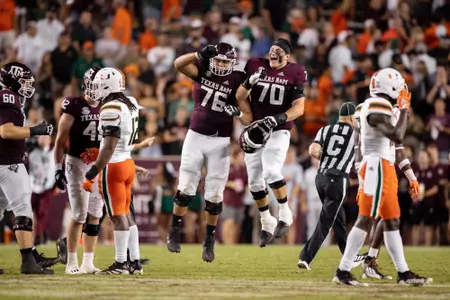 COLLEGE STATION, TX - September 17, 2022 - Offensive lineman Josh Bankhead #70 of the Texas A&M Aggies and Offensive lineman Reuben Fatheree II #76 of the Texas A&M Aggies during the Football game between the Miami Hurricanes and the Texas A&M Aggies at Kyle Field in College Station, TX. Photo By Rachel Mahan/Texas A&M Athletics