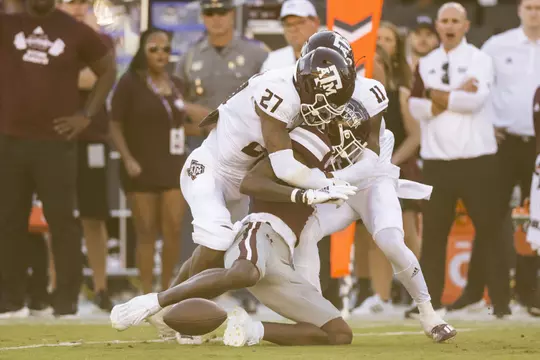 STARKVILLE, MS - October 01, 2022 - Defensive back Antonio Johnson #27 of the Texas A&M Aggies and Defensive back Deuce Harmon #11 of the Texas A&M Aggies during the Football game between the Mississippi St. Bulldogs and the Texas A&M Aggies at Davis Wade Stadium in Starkville, MS. Photo By Craig Bisacre